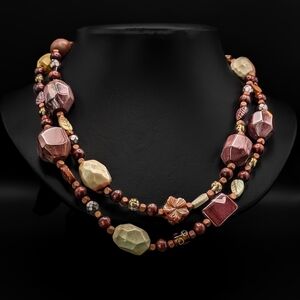 LONG Natural Stone, Wood, and Glass Beaded Necklace
